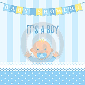 Baby Shower boy card. Vector illustration. Blue banner with kid.