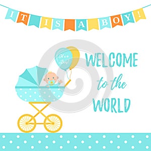 Baby Shower boy card. Vector illustration. Blue banner with pram
