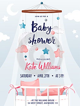 Baby shower boy and girl, invitation card with decorations and place for text. Greeting cards. Flat style. Vector