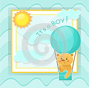 Baby Shower Boy Invitation Card Design Concept. It s a Boy Welcome Greeting Card For Childbirth With Teddy Bear In Hot