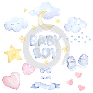 Baby shower boy watercolor set. Baby clipart. Moon, Stars, Clouds, Hearts, Baby slippers, Ribbon. White background