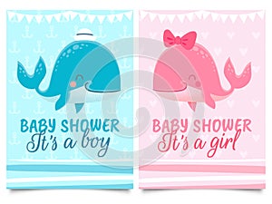 Baby shower card. Babies birth invitation cards with cute pink and blue whales and text, welcome party flyers vector