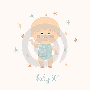 Baby shower card for baby boy. Cute baby boy standing. Blond toddler boy. Cartoon vector hand drawn eps 10 illustration