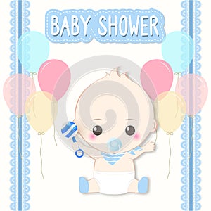 Baby shower card, baby boy and toy. Greeting card paper art style