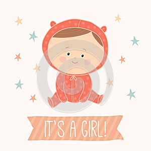 Baby shower card for baby girl. Cute baby girl sitting. Dark-haired toddler girl.