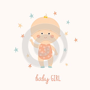 Baby shower card for baby girl. Cute baby girl standing. Blond toddler girl. Cartoon vector hand drawn eps 10