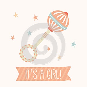 Baby shower card for baby girl, with rattle.Vector eps10 , illustration.