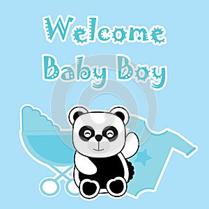 Baby shower card with baby panda, baby cart, and baby cloth