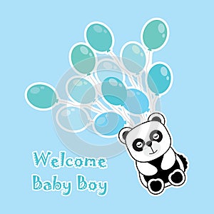 Baby shower card with baby panda brings blue balloons