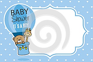 Baby shower card. bear and giraffe flying in a balloon