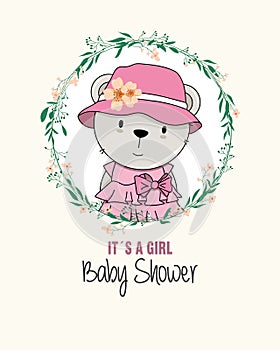 Baby shower card. Cute bear inside flower frame.