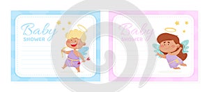 Baby Shower Card with Cute Boy and Girl Angel Character with Wings and Nimbus Vector Template