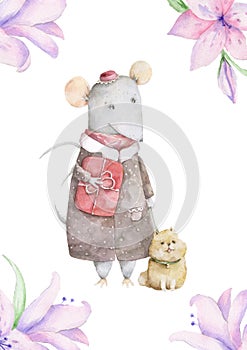 Baby shower card. Cute cartoon christmas rat and dog christmas card. Watercolor hand drawn animal illustration. New Year 2020