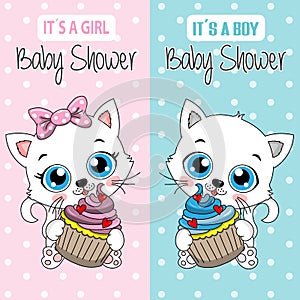 Baby shower card. Cute cat girl and boy