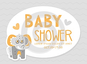 Baby Shower Card with Cute Elephant Character with Trunk and Tusks Vector Template