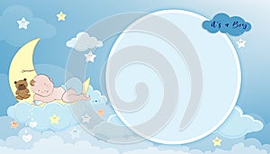 Baby shower card,Cute little boy sleeping on crescent moon, milk bottle and teddy bear on Blue Sky and Clouds layers background,