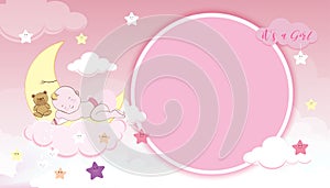 Baby shower card,Cute little girl sleeping on crescent moon, milk bottle and teddy bear on pink Sky and Clouds layers background,