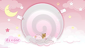 Baby shower card,Cute little girl sleeping on crescent moon, milk bottle and teddy bear on pink Sky and Clouds layers background,