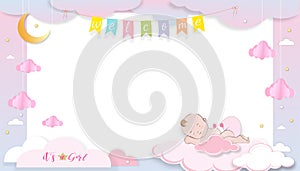 Baby shower card,Cute little girl sleeping on fluffy cloud with crescent moon and star on pink sky background, Vector Paper cut