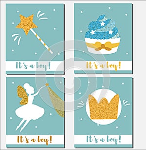 Baby shower card design template. It`s a boy cards with gold glittering elements cupcakes, magic wand, fairy, crown