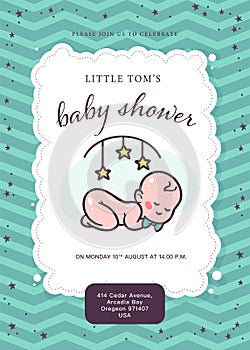 Baby shower card / invitation / poster design template with cute baby boy infant in bow tie, rattle toy, pattern isolated.