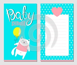 Baby shower card, invitation with whitw cat character photo