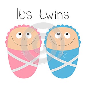 Baby shower card. Its twins. Boy girl. Cute cartoon character set. Funny head looking up. Smiling face with eyes, nose, mouth smil
