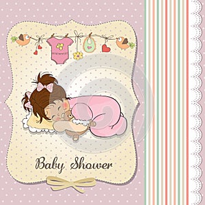 Baby shower card with little baby girl play with her teddy bear