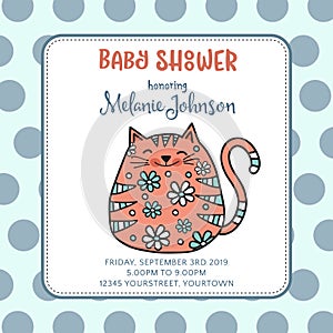 Baby shower card template with fat doodle cat
