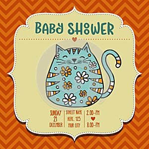 Baby shower card template with fat doodle cat