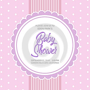 Baby shower card template in purple polka dots