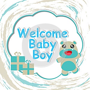 Baby shower card with vector cartoon of cute baby hippo frame on wave background suitable for baby shower card