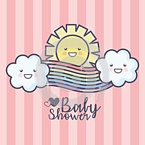 Baby shower cartoon rainbow clouds sun sky pink stripes background