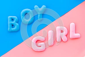 Baby shower concept. Words boy and girl on pink and blue background top view