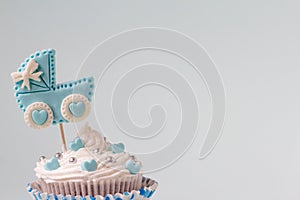 Baby shower cupcake for a boy. Newborn announcement concept. Text space