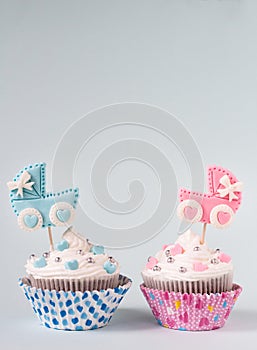 Baby shower cupcake for a girl and a boy. Newborn announcement concept. Text space