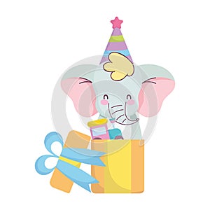 Baby shower, cute elephant with gift and train toy, announce newborn welcome card