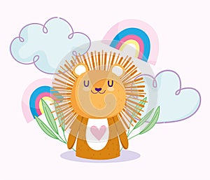 Baby shower, cute little lion rainbows couds leaves decoration card cartoon