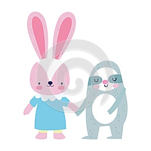 Baby shower cute little rabbit with dress and sloth holding hands cartoon