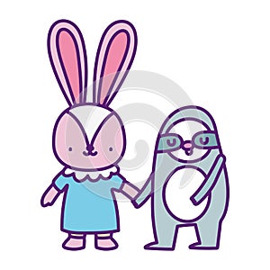 Baby shower cute little rabbit with dress and sloth holding hands cartoon