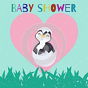 Baby shower with cute penguin chick just hatched from an egg in love heart cartoon vector illustration.