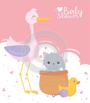 Baby shower, cute stork cat duck and rattle toys, celebration welcome newborn