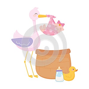 Baby shower, cute stork with little girl basket duck and bottle milk, celebration welcome newborn
