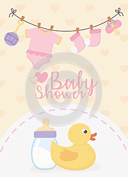 Baby shower, duck bottle and pink bodysuit socks pacifier celebration card