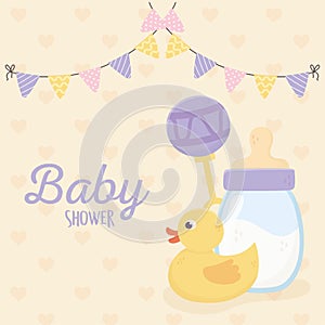 Baby shower, duck rattle and bottle milk decoration celebration card