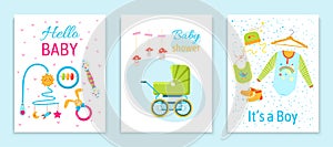 Baby shower element card set, concept hello newborn infant and it is boy text postcard greeting poster flat vector