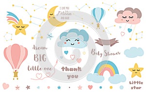 Baby shower elements Cute design element for nursery Moon cloud star rainbow ribbon icon vector set