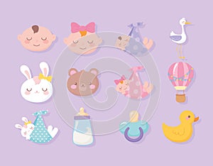Baby shower, faces boy girl bear bunny duck stork pacifier welcome newborn celebration icons