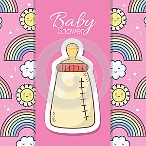 Baby shower feeding bottle rainbow sun clouds pink banner