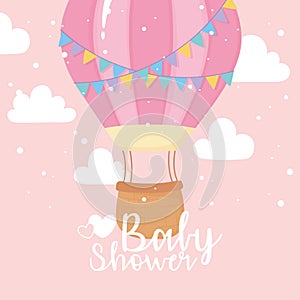 Baby shower, flying hot air balloon sky, welcome newborn celebration card